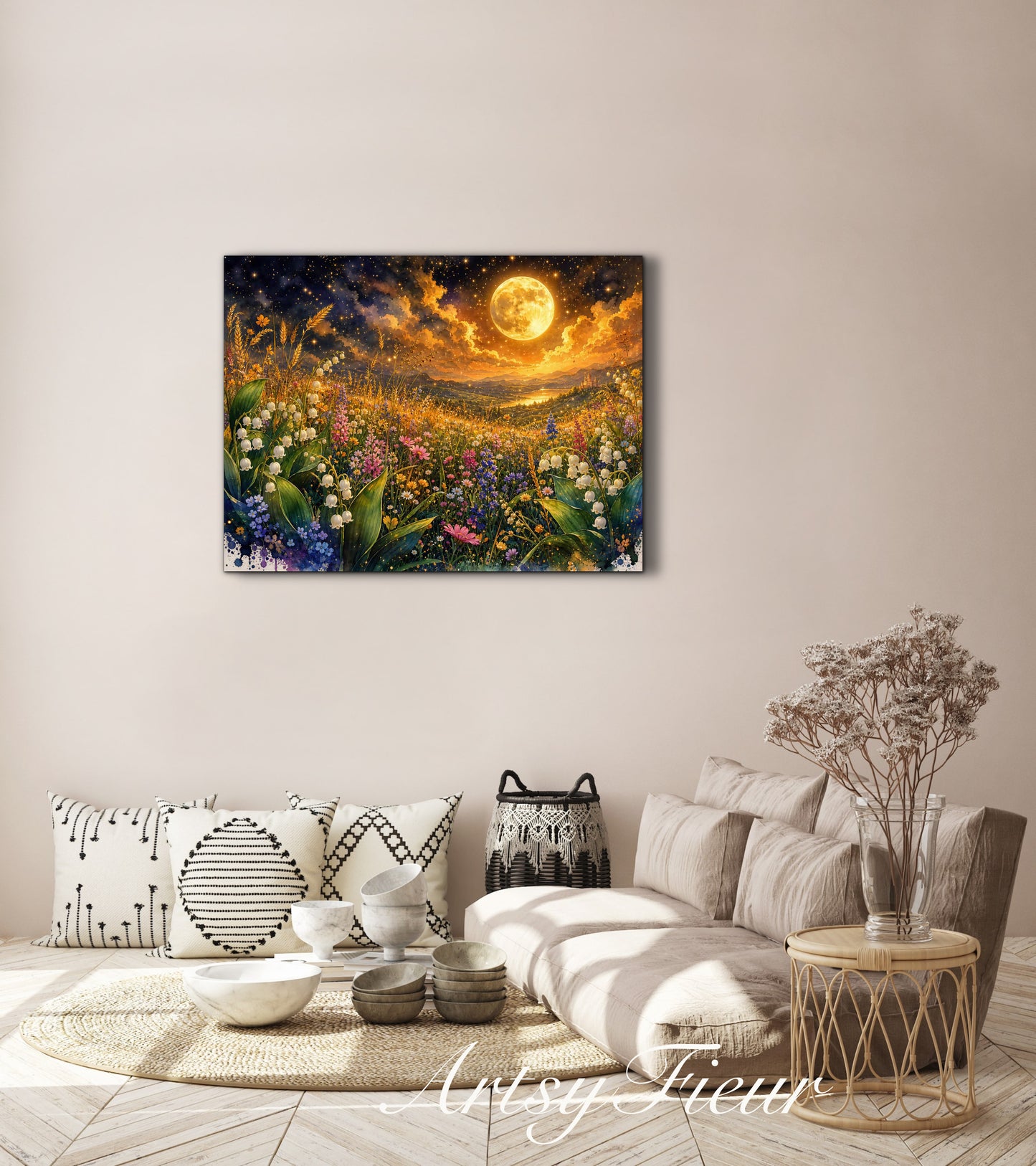 Framed Canvas Print- Vibrant Wildflowers and Lilly of The Valley Oil Painting Textured Wall Art , Beautiful Original Artwork Ready to Hang Living Room, Floral