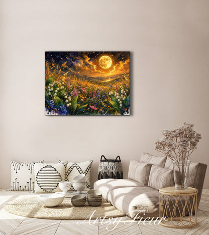 Framed Canvas Print- Vibrant Wildflowers and Lilly of The Valley Oil Painting Textured Wall Art , Beautiful Original Artwork Ready to Hang Living Room, Floral
