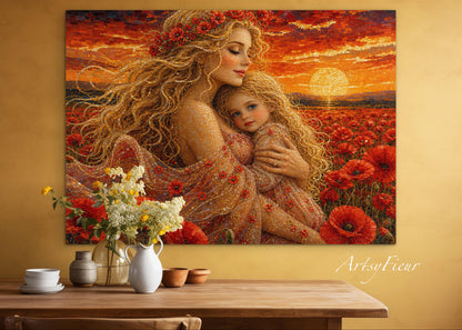Framed Canvas- Vibrant Poppies Field Mother and Daughter Portrait Whimsical Full Moon Sunset Fantasy Oil Painting Wall Art Print