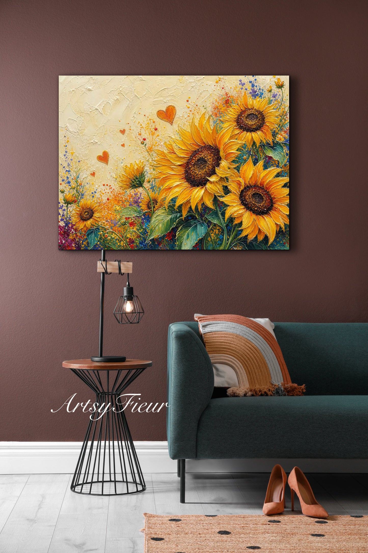 Framed Canvas Print- Vibrant Wildflowers and sunflowers Oil Painting Textured Wall Art , Beautiful Original Artwork Ready to Hang Living Room, Floral