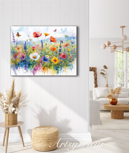 Framed canvas- ready to hang wall art print, beautiful vibrant colours watercolour fantasy painting wildflowers ,floral landscape, unique gift, one of a kind original artwork
