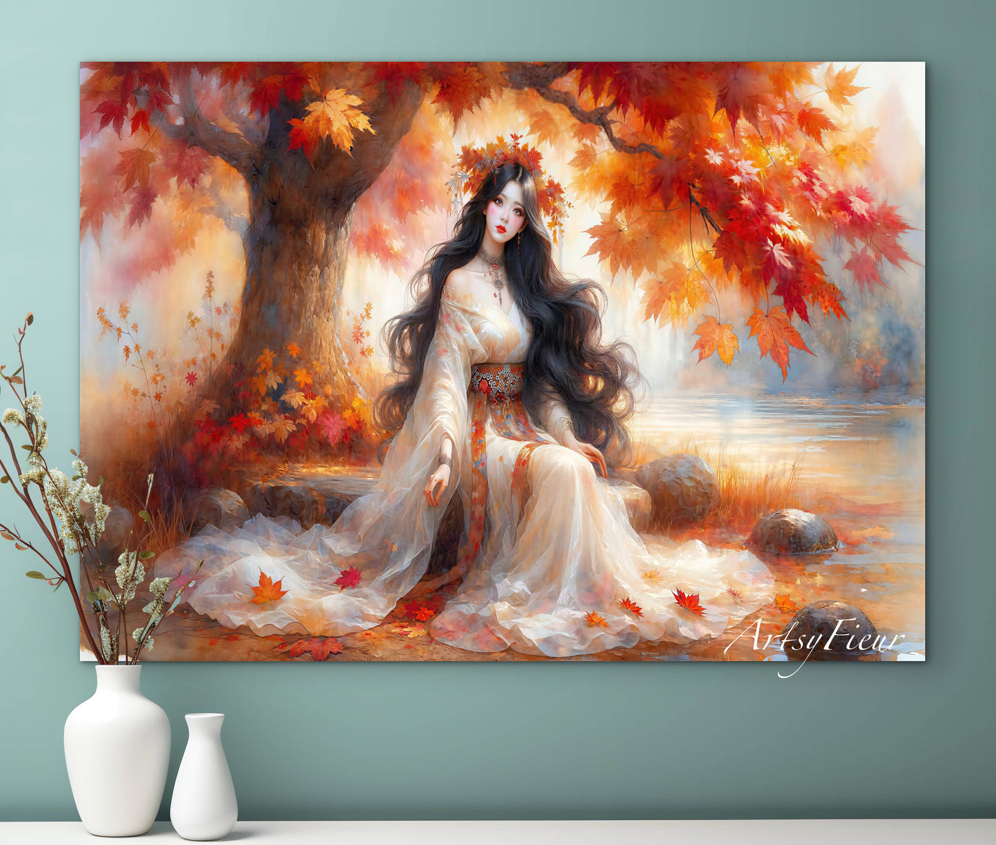 Framed Canvas- Vibrant Colours Beautiful Brunette Asian Woman Under the Maple Tree Abstract Portrait Original Artwork Fantasy Autumn Wall Art Print