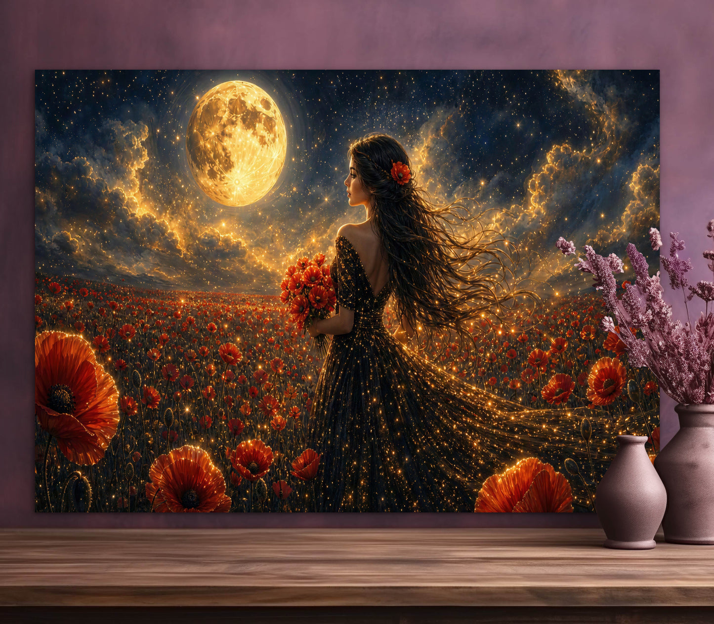 Framed Canvas - Vibrant Poppies Whimsical Full Moon Bride in Poppy Field, Wall Art Ready to hang Oil Painting Original Artwork Print Black Wedding Dress