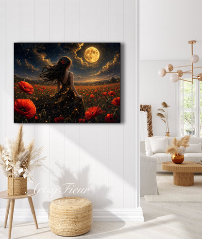 Framed Canvas - Vibrant Poppies Whimsical Full Moon Bride in Poppy Field, Wall Art Ready to hang Oil Painting Original Artwork Print Black Wedding Dress