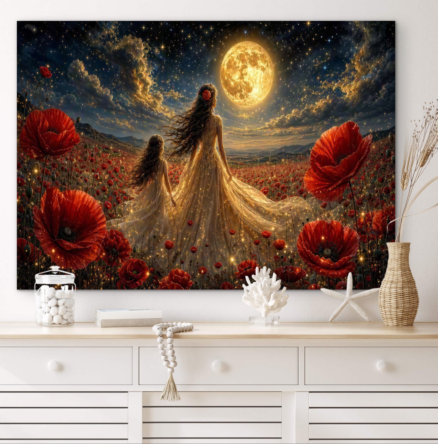 Framed Canvas- Vibrant Poppies Field Bride Mother and Daughter Portrait Whimsical Full Moon Sunset Fantasy Oil Painting Wall Art Print