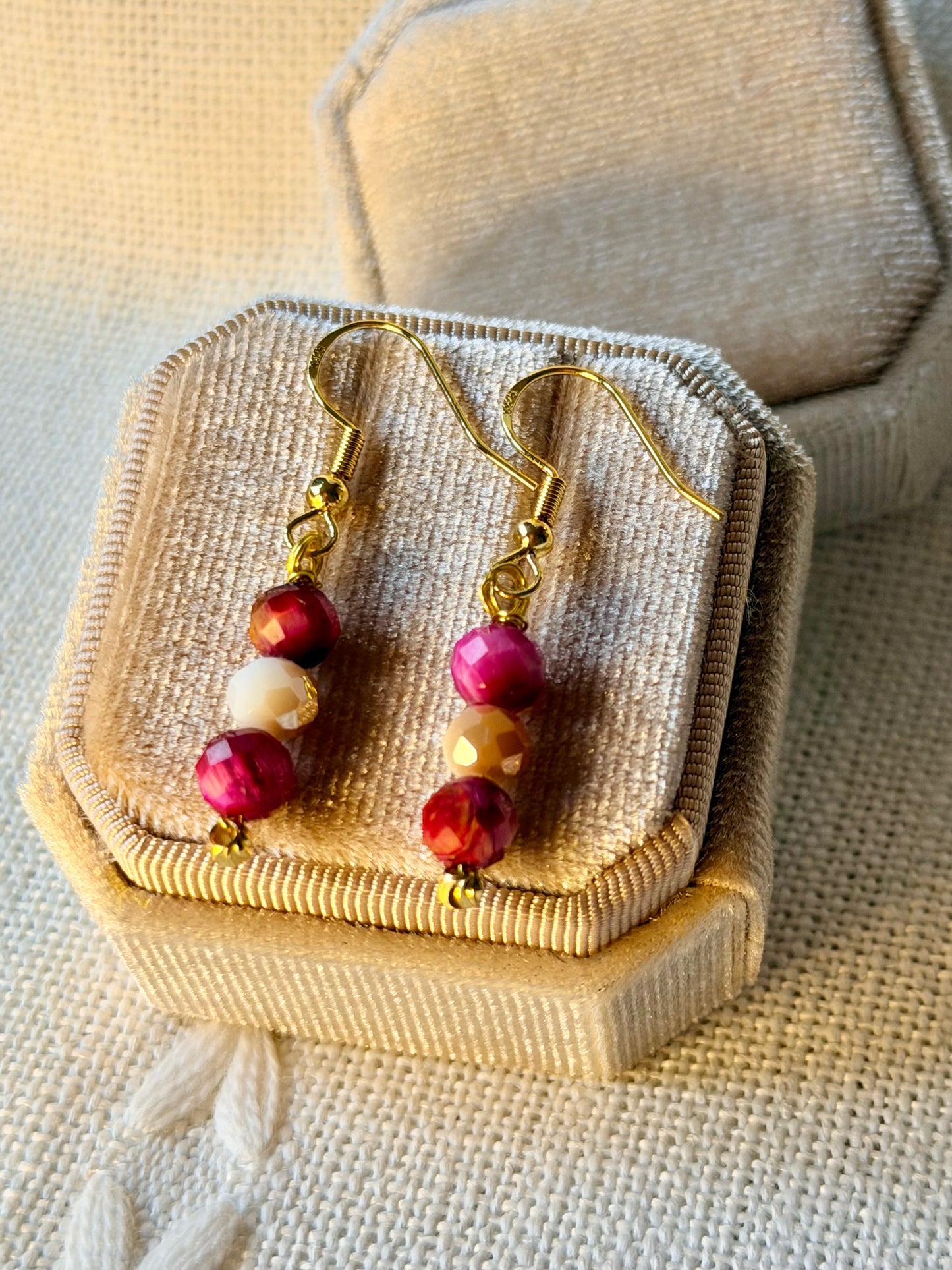 Natural Pink Tigers Eye Earrings Minimalist Crystal Gemstone Earrings Dangle Drop Hypoallergenic