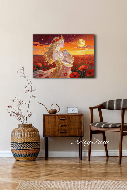Framed Canvas- Vibrant Poppies Field Mother and Daughter Portrait Whimsical Full Moon Sunset Fantasy Oil Painting Wall Art Print