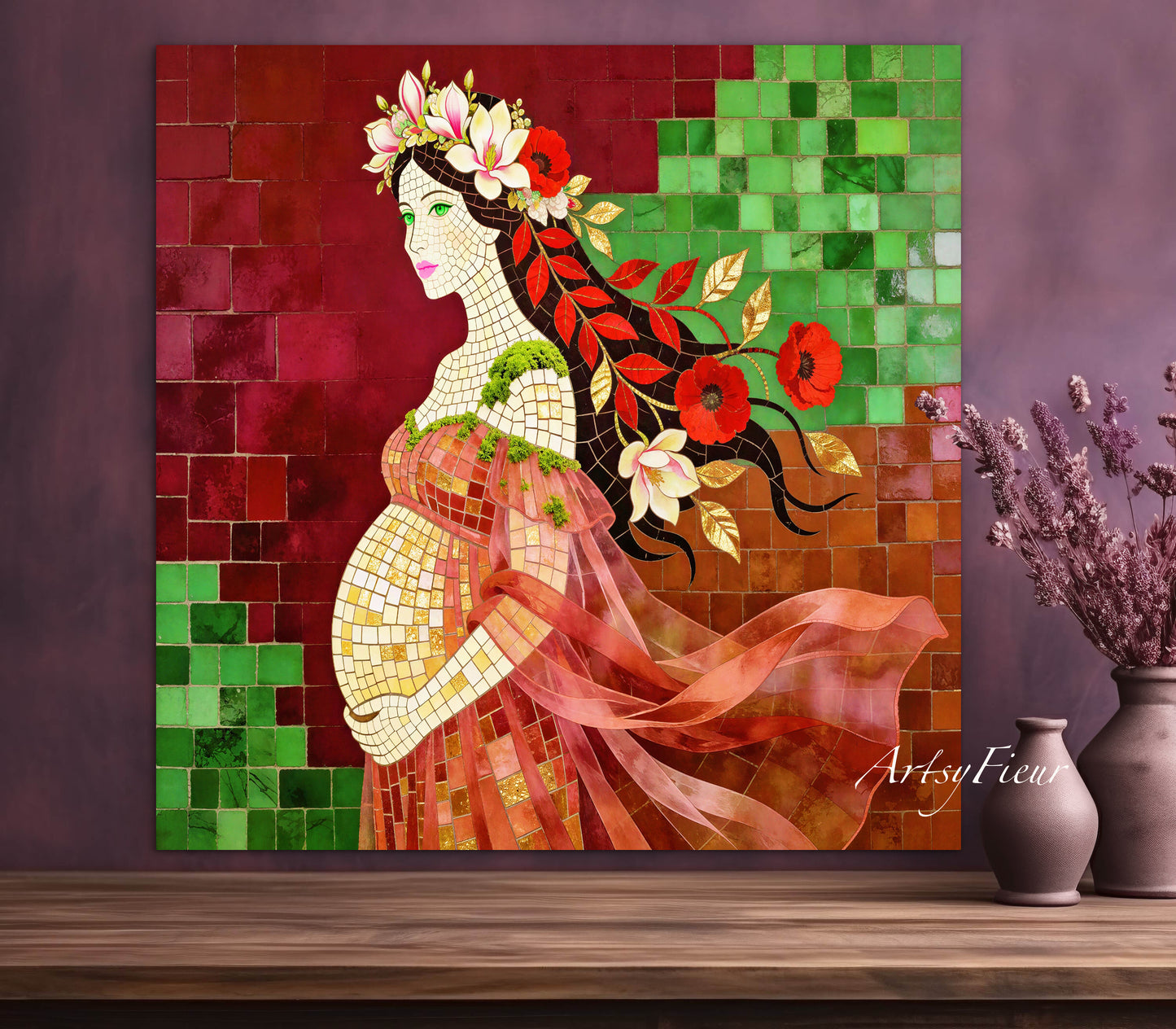 Framed Canvas- Vibrant Magnolia Flowers Beautiful Brunette Pregnant Woman’s Abstract Portrait Mosaic Original Artwork Fantasy Wall Art Print Mother Nature