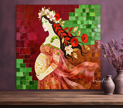Framed Canvas- Vibrant Magnolia Flowers Beautiful Brunette Pregnant Woman’s Abstract Portrait Mosaic Original Artwork Fantasy Wall Art Print Mother Nature
