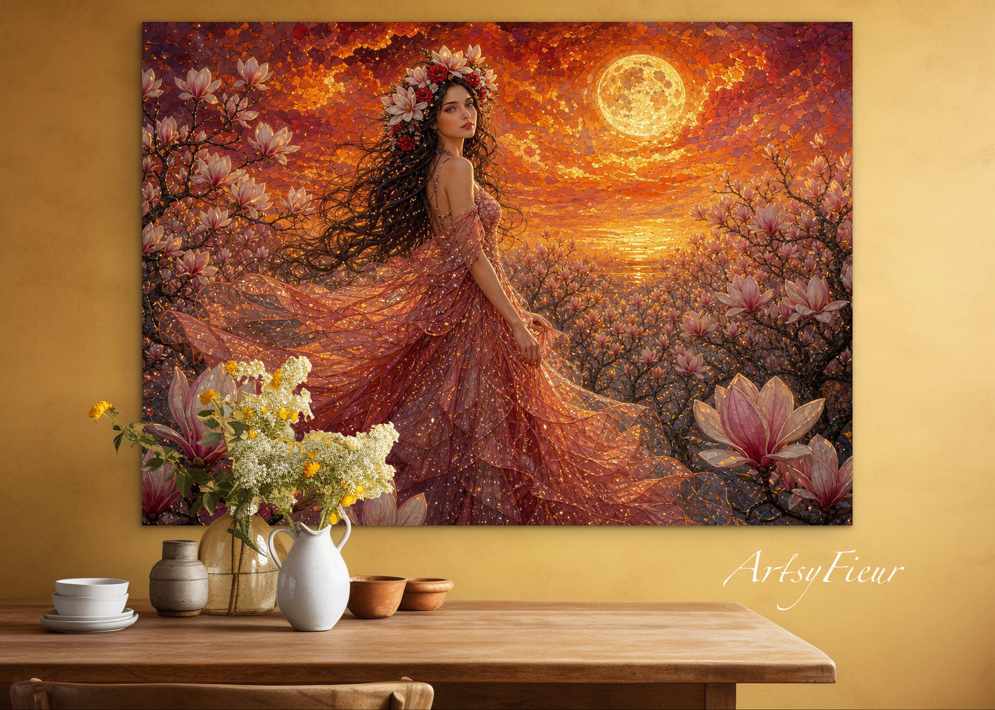 Framed Canvas- Vibrant Magnolia Flowers Beautiful Brunette Woman’s Abstract Portrait Mosaic Original Artwork Fantasy Wall Art Print
