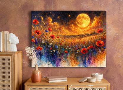 Framed Canvas Print- Vibrant Wildflowers and Poppies Oil Painting Textured Wall Art , Beautiful Original Artwork Ready to Hang Living Room, Floral