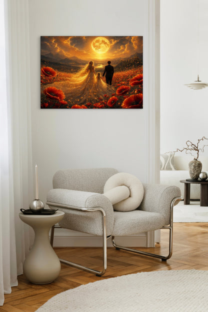 Framed Canvas Vibrant Poppies- Whimsical full moon fantasy oil painting Wedding celebration mother and daughter beautiful family portrait Original wall art print