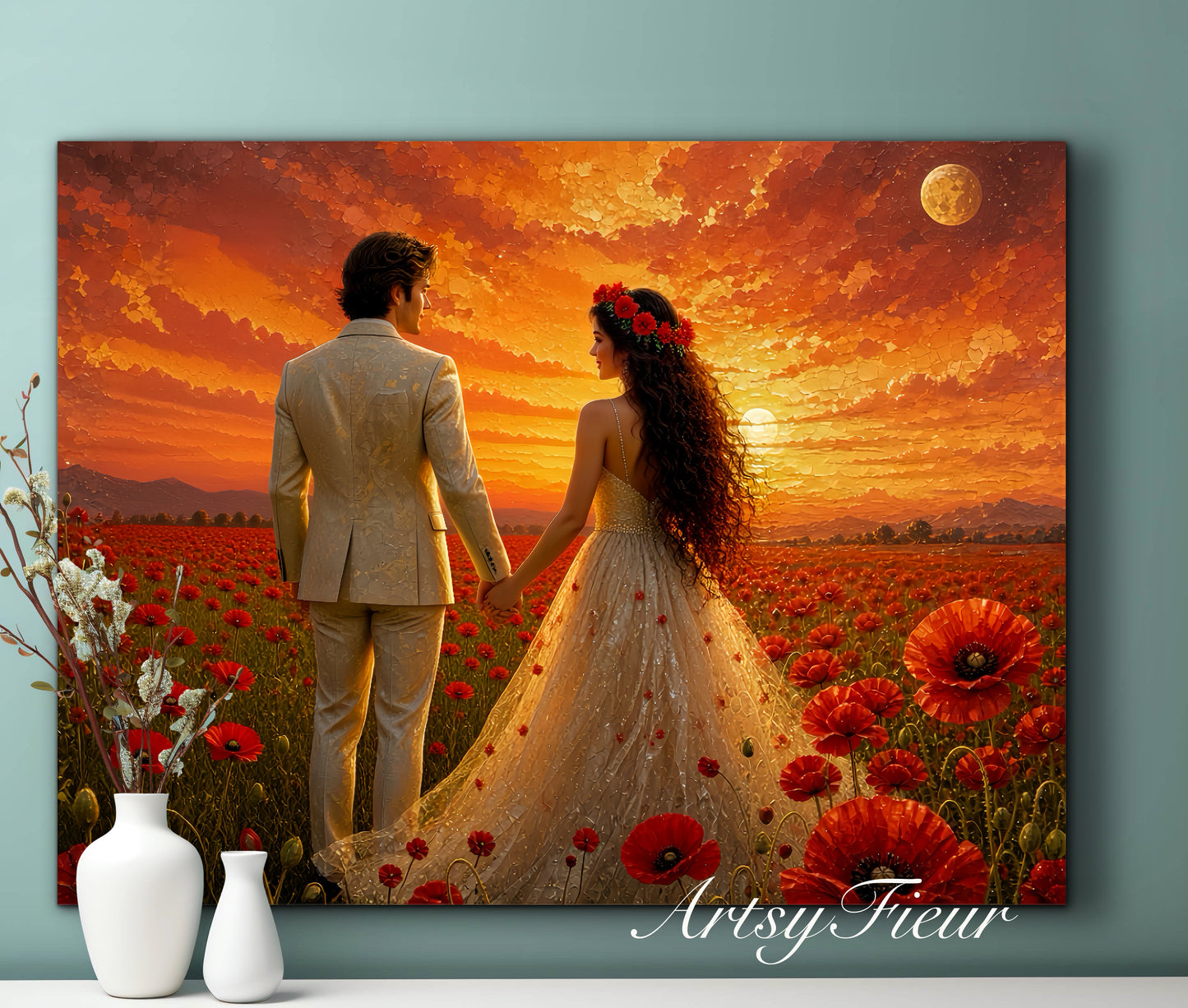 Framed canvas- whimsical full moon sunset bride and groom, wedding, poppy field, vibrant colours living room original artwork, fantasy oil painting wall art print
