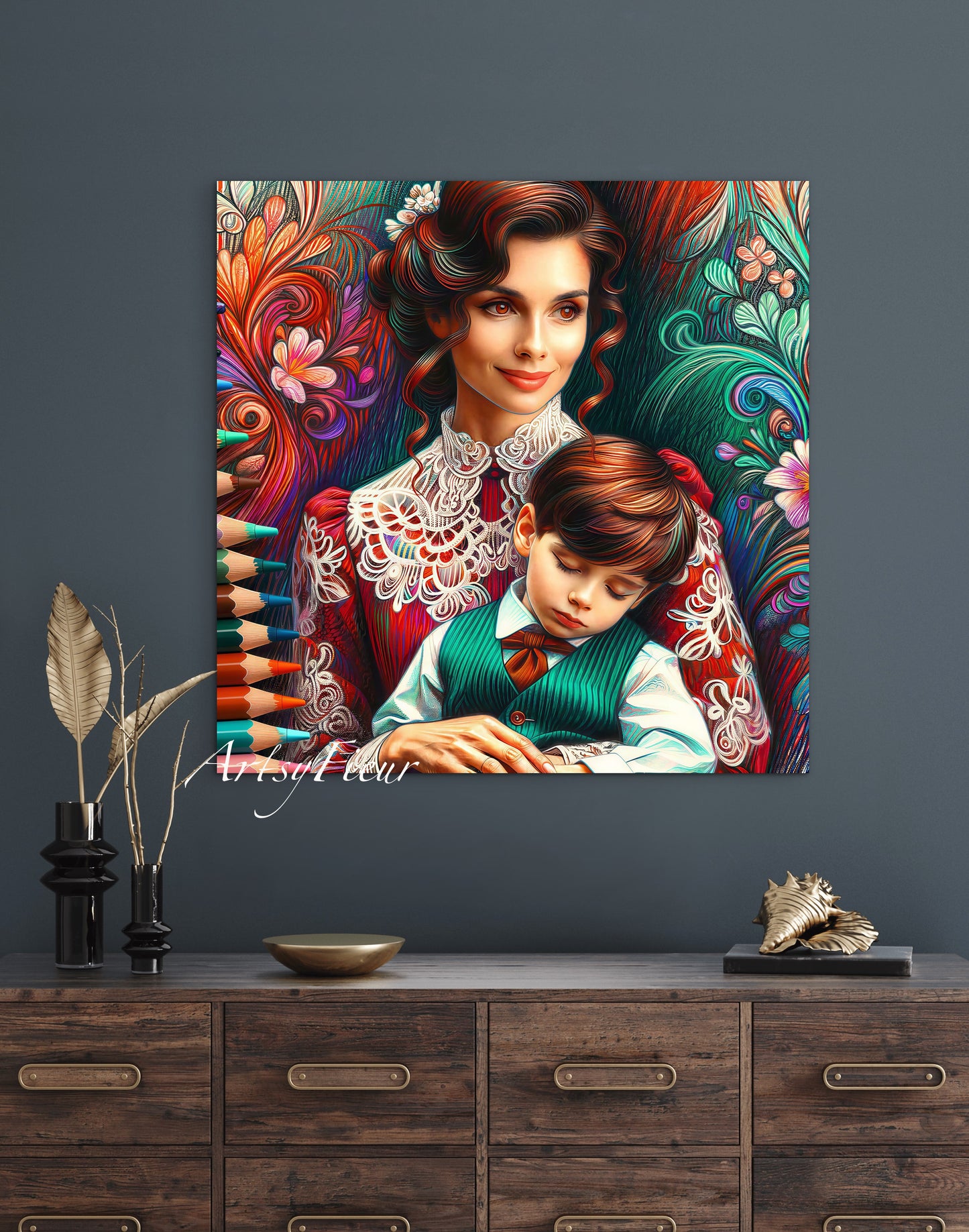 Framed canvas print Mother and son abstract coloured crayons portrait vibrant wall art