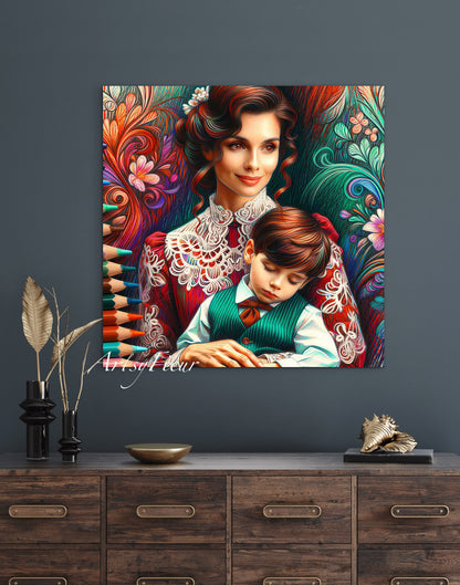 Framed canvas print Mother and son abstract coloured crayons portrait vibrant wall art