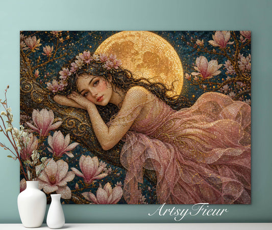 Framed Canvas- Vibrant Magnolia Flowers Beautiful Brunette Woman’s Portrait Mosaic Original Artwork Fantasy Wall Art Whimsical Full Moon