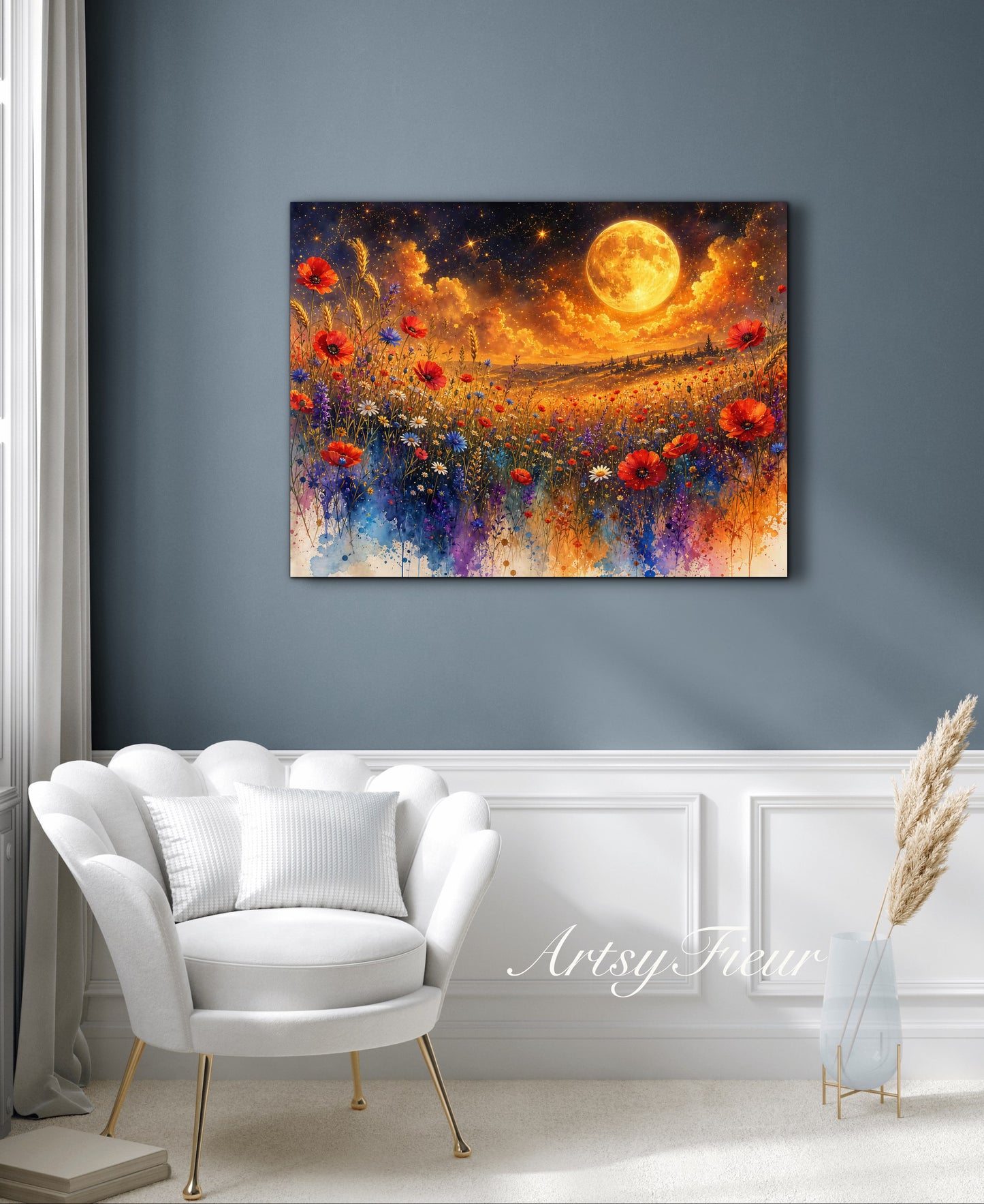 Framed Canvas Print- Vibrant Wildflowers and Poppies Oil Painting Textured Wall Art , Beautiful Original Artwork Ready to Hang Living Room, Floral