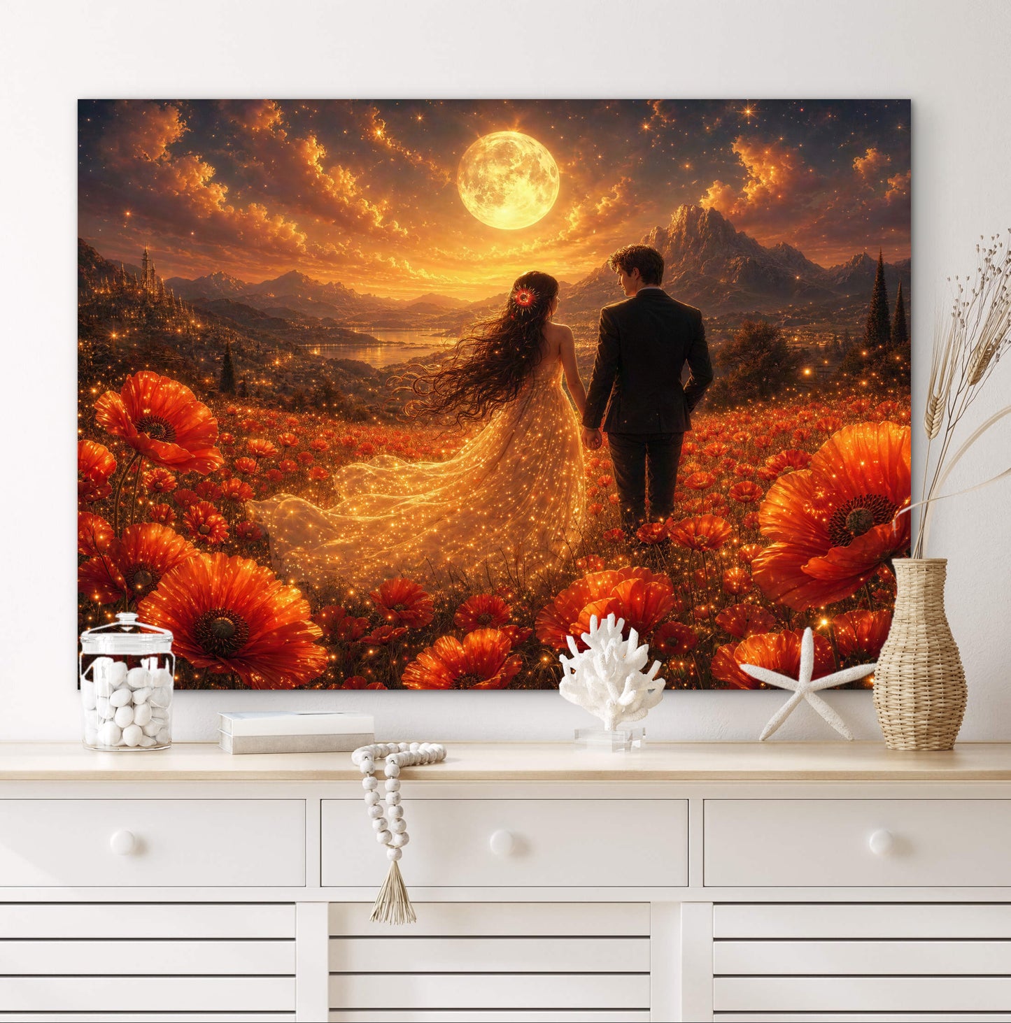 Framed canvas- whimsical full moon sunset bride and groom, wedding, poppy field, vibrant colours living room original artwork, fantasy oil painting wall art print