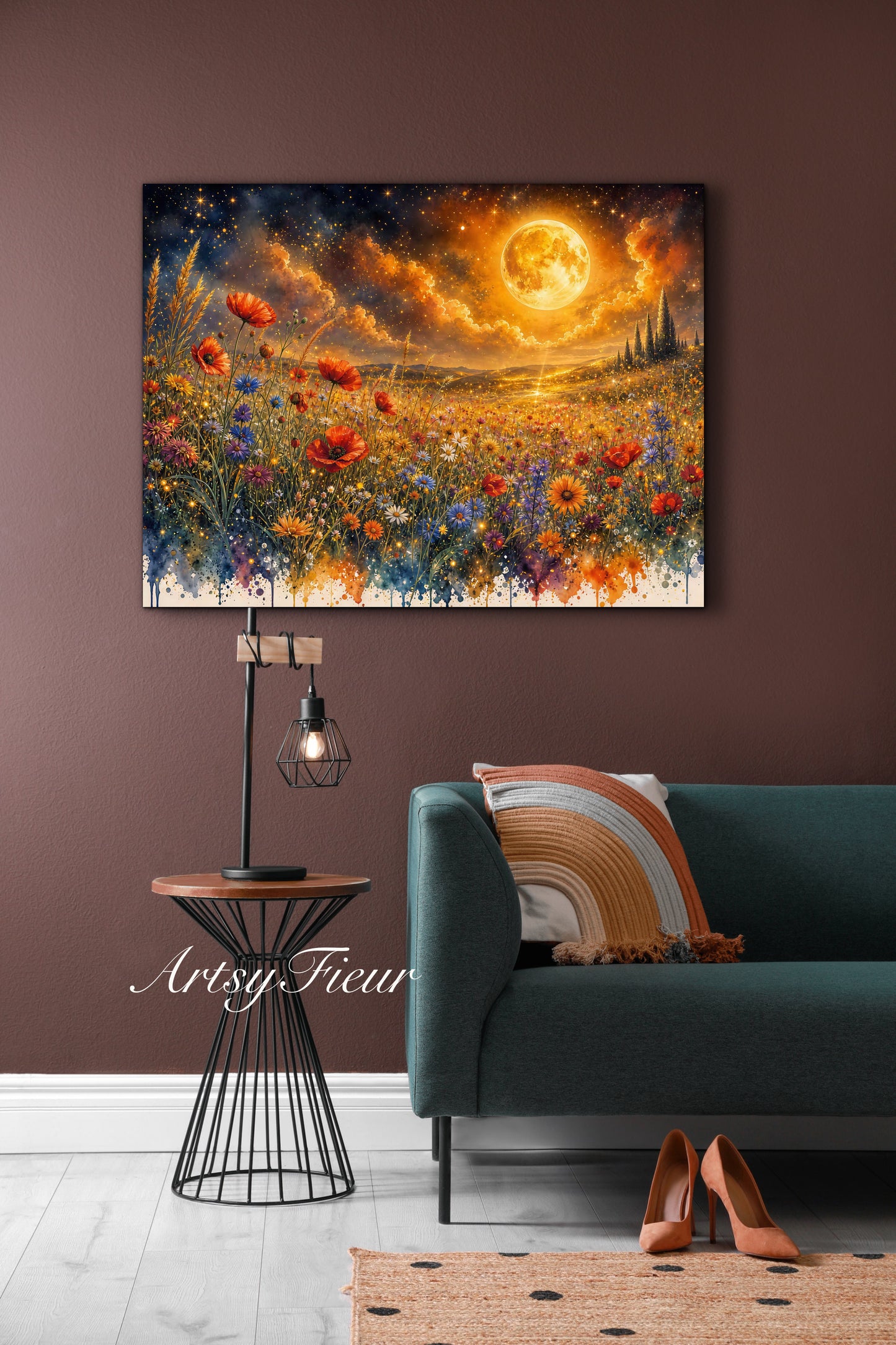 Framed Canvas Print- Vibrant Wildflowers and Poppies Oil Painting Textured Wall Art , Beautiful Original Artwork Ready to Hang Living Room, Floral