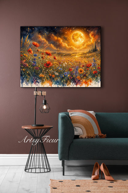 Framed Canvas Print- Vibrant Wildflowers and Poppies Oil Painting Textured Wall Art , Beautiful Original Artwork Ready to Hang Living Room, Floral