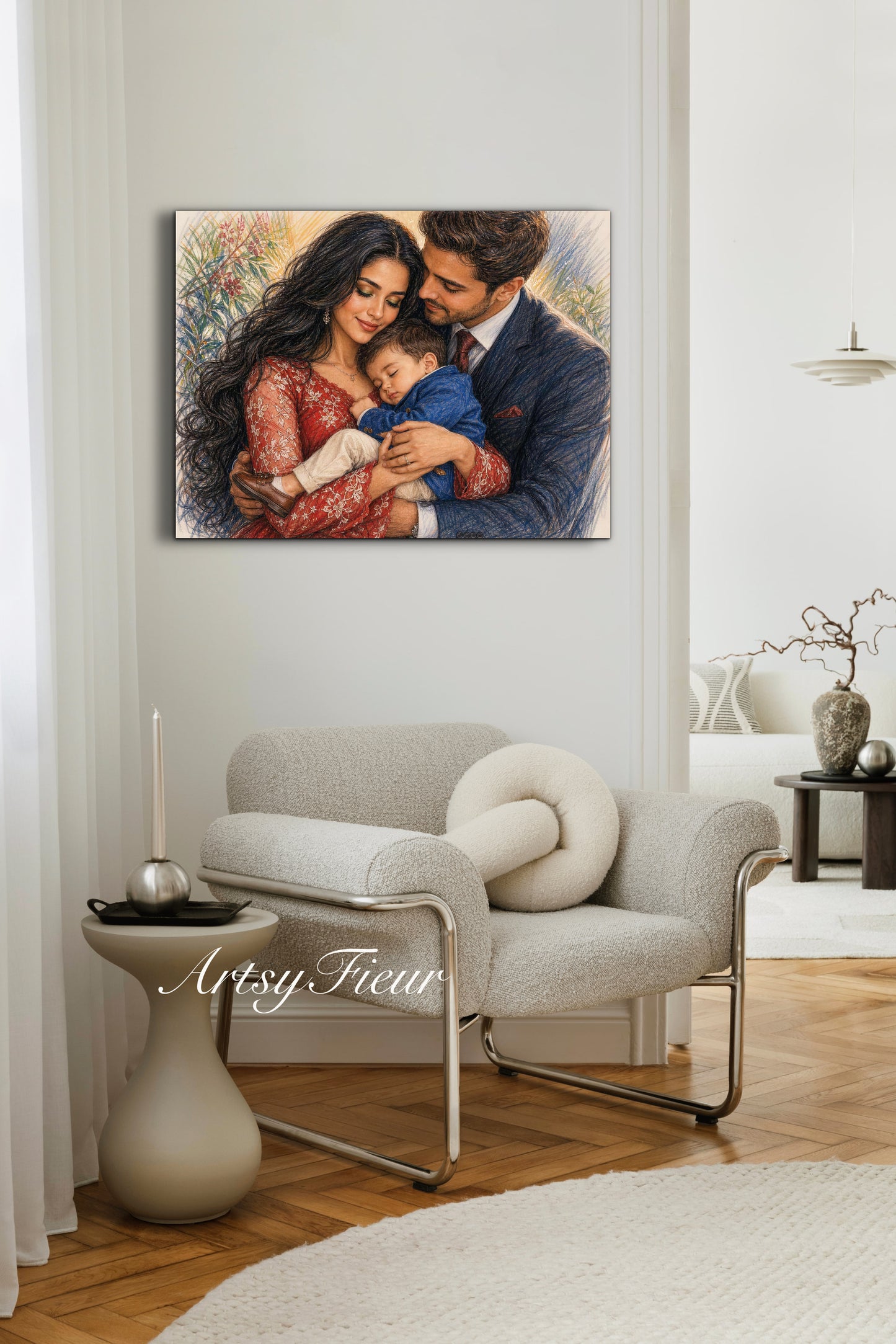 Framed Canvas- Vibrant Mother and Son Dad Family Portrait Fantasy Drawing Wall Art Print