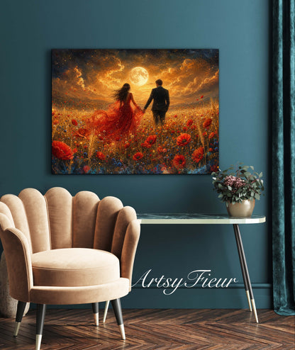 Framed canvas- whimsical full moon sunset -bride and groom, wedding gift, fantasy oil painting bedroom wall art print floral poppies field colourful vibrant colours