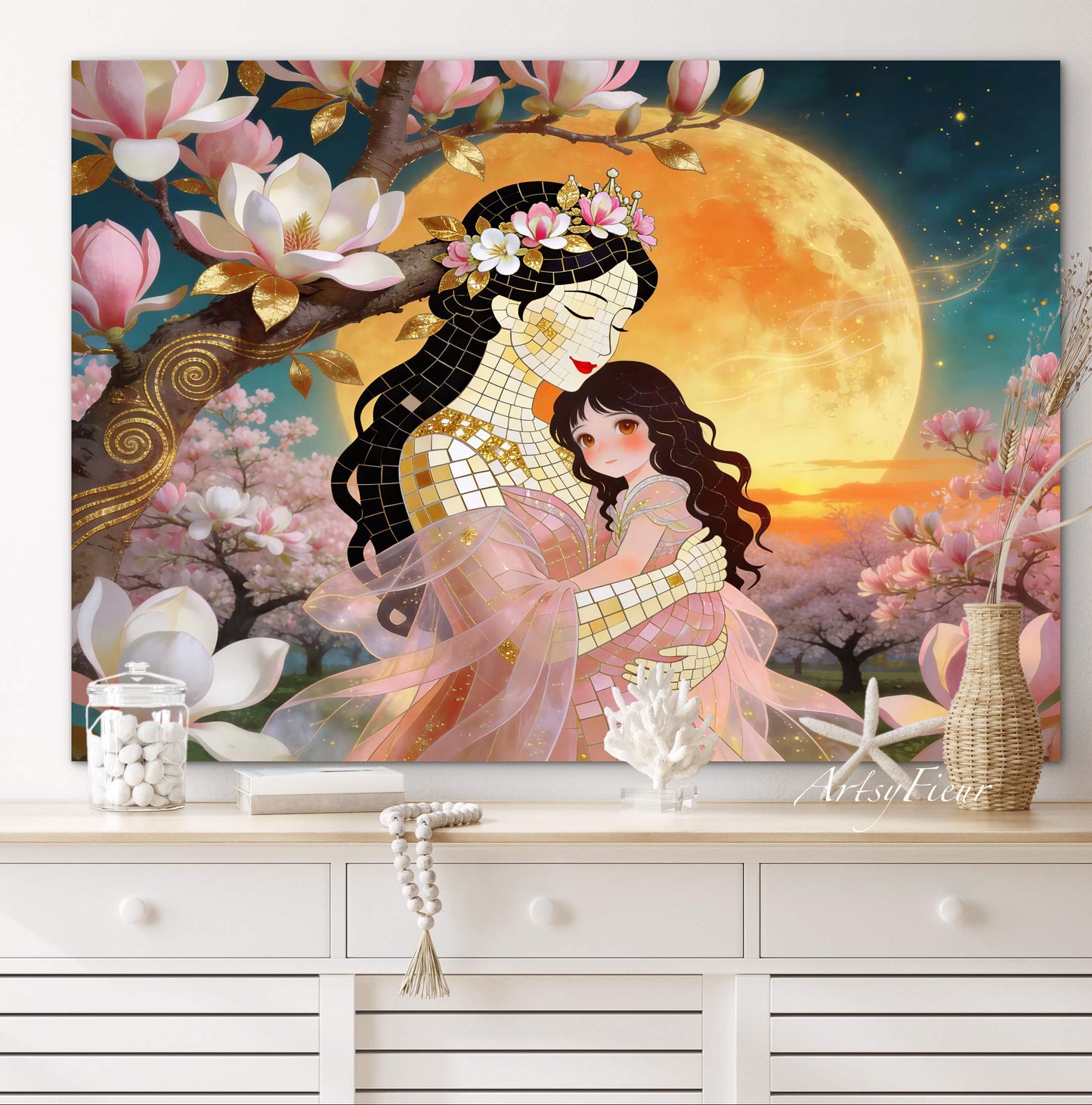 Framed Canvas- Vibrant Magnolia Flowers Mother and Daughter Portrait Original ArtworkFantasy Wall Art