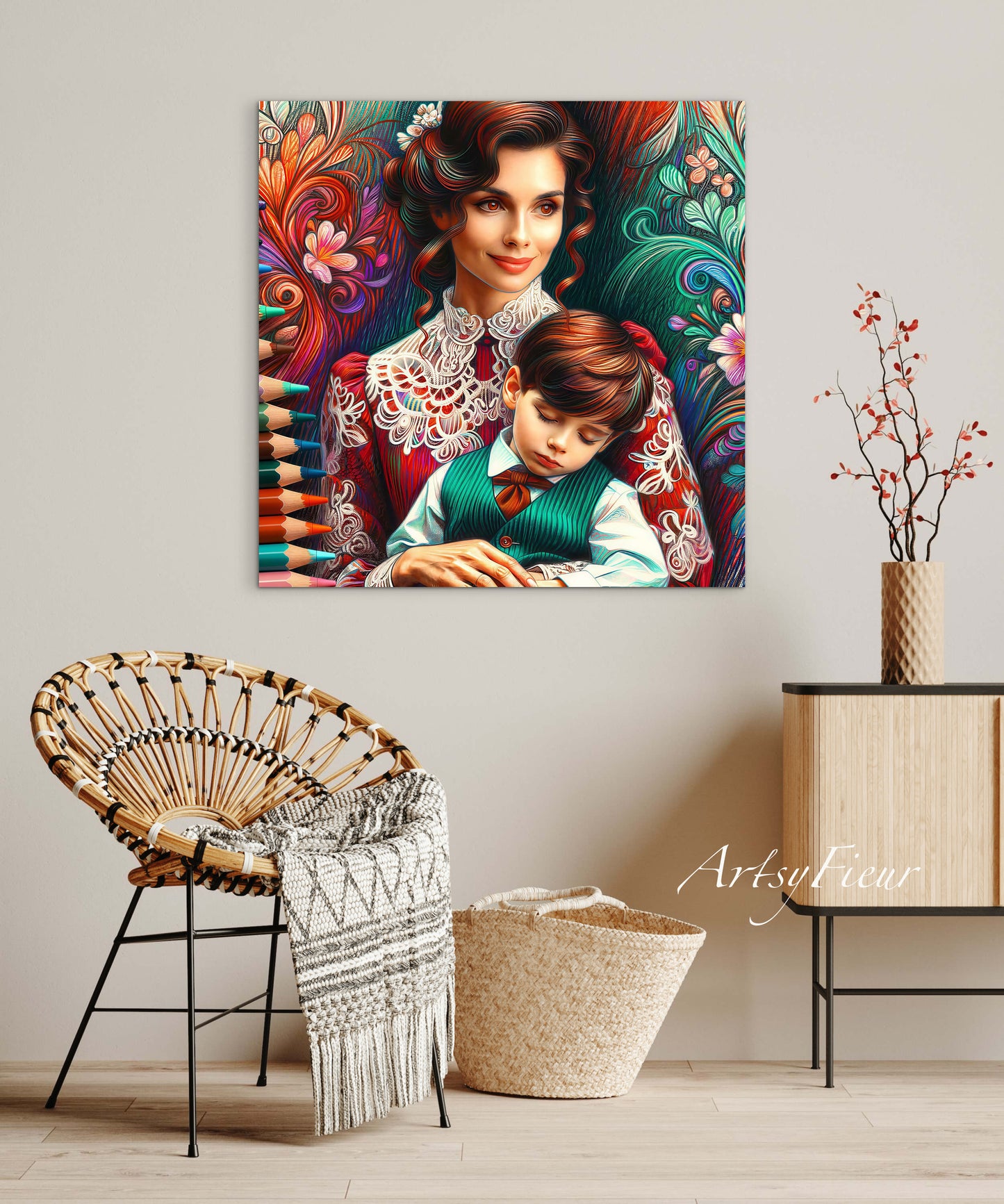 Framed canvas print Mother and son abstract coloured crayons portrait vibrant wall art