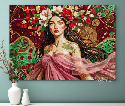 Framed Canvas- Vibrant Magnolia Flowers Beautiful Brunette Woman’s Abstract Portrait Mosaic Original Artwork Fantasy Wall Art Print Mother Nature