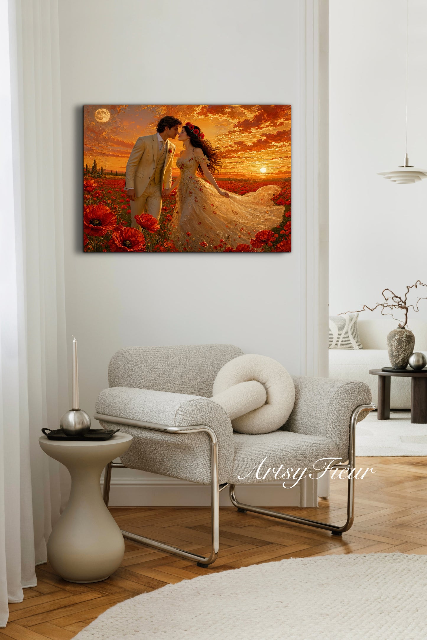Framed canvas- whimsical full moon sunset bride and groom, wedding, poppy field, vibrant colours living room original artwork, fantasy oil painting wall art print