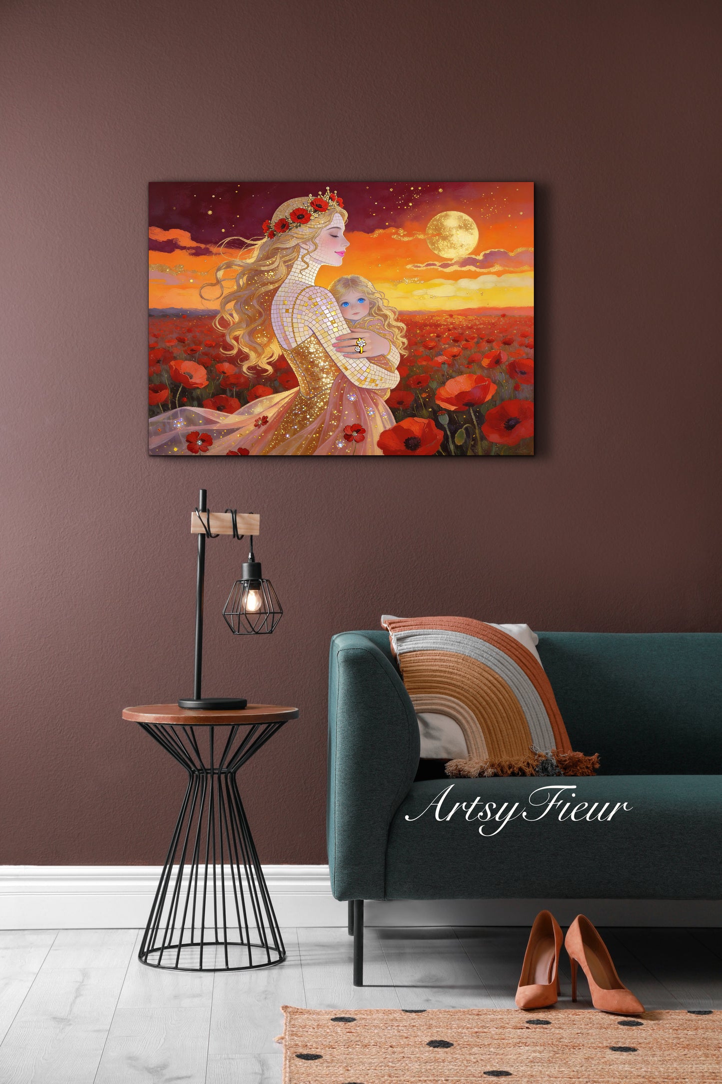 Framed Canvas- Vibrant Poppies Field Mother and Daughter Portrait Whimsical Full Moon Sunset Fantasy Oil Painting Wall Art Print
