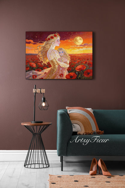Framed Canvas- Vibrant Poppies Field Mother and Daughter Portrait Whimsical Full Moon Sunset Fantasy Oil Painting Wall Art Print
