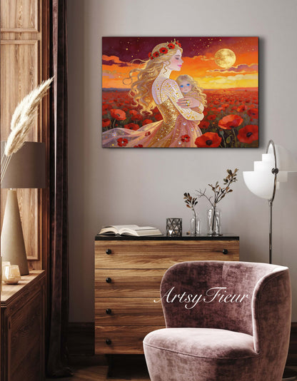 Framed Canvas- Vibrant Poppies Field Mother and Daughter Portrait Whimsical Full Moon Sunset Fantasy Oil Painting Wall Art Print