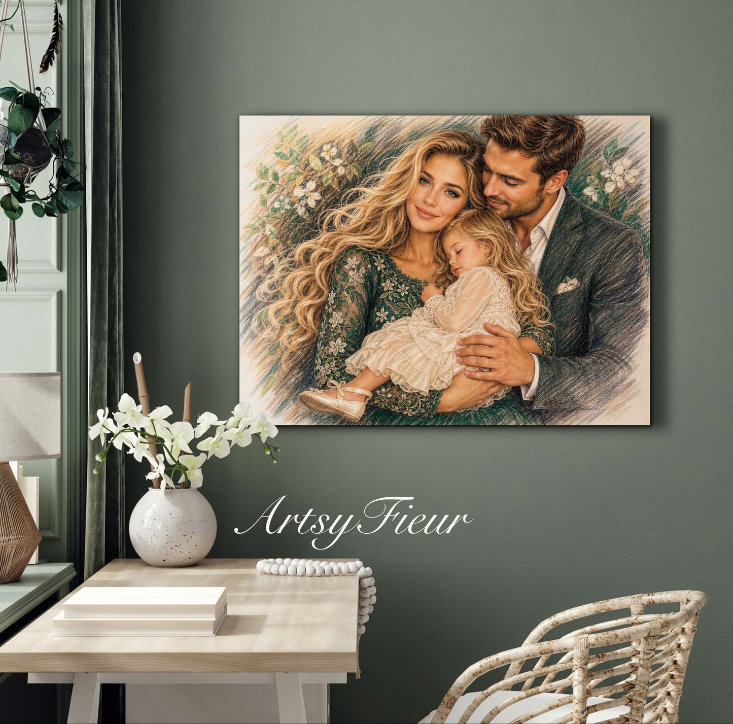 Framed Canvas- Vibrant Mother and Daughter Dad Family Portrait Fantasy Drawing Wall Art Print