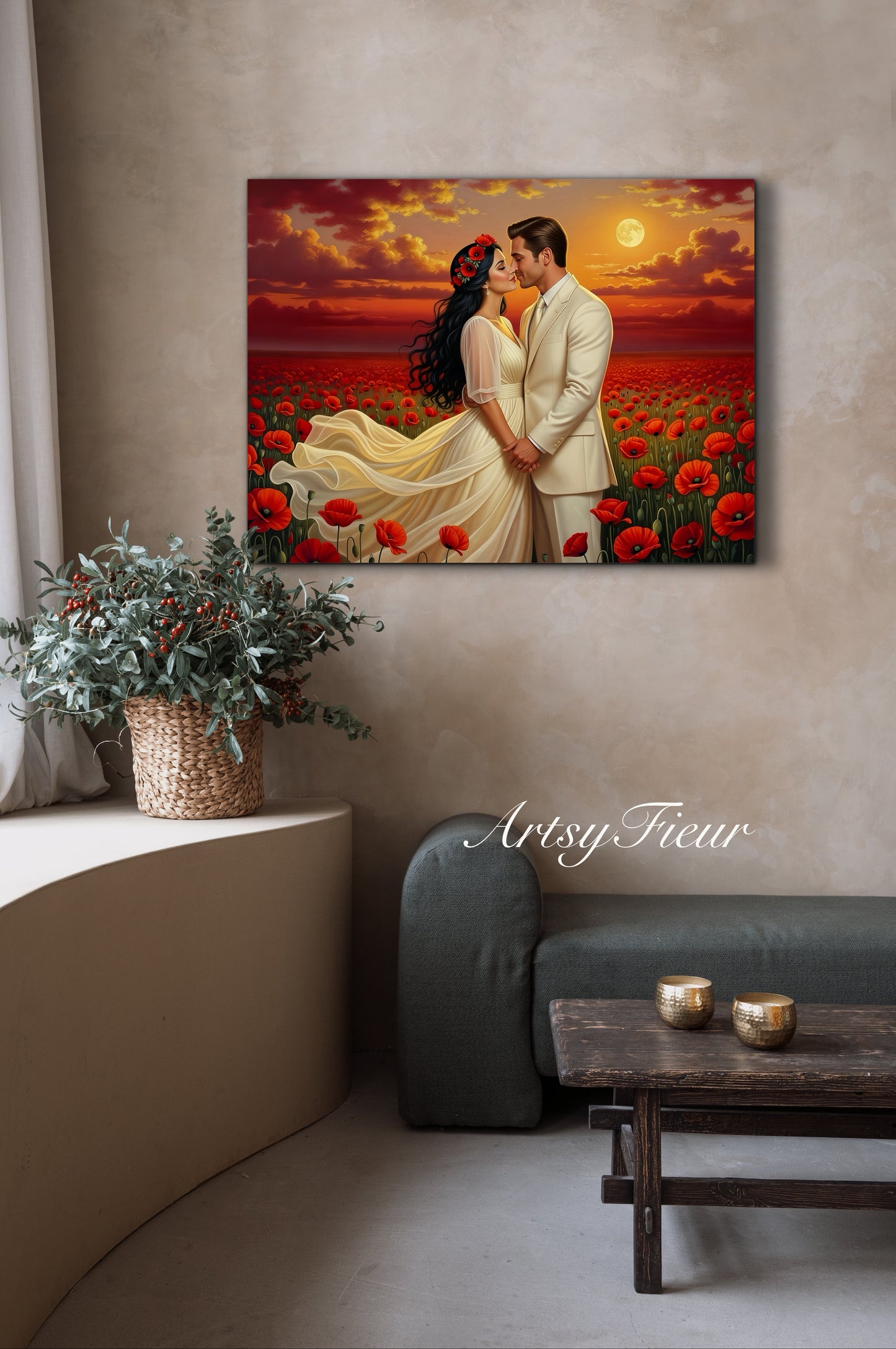 Framed canvas- whimsical full moon sunset bride and groom, wedding, poppy field, vibrant colours living room original artwork, fantasy oil painting wall art print
