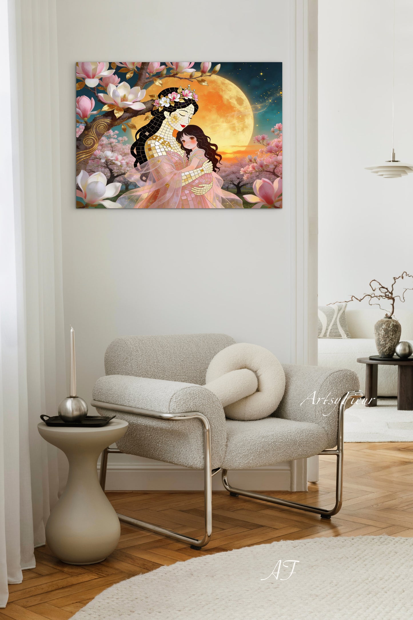 Framed Canvas- Vibrant Magnolia Flowers Mother and Daughter Portrait Original ArtworkFantasy Wall Art