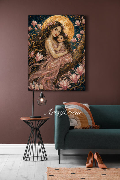 Framed canvas- Abstract Portrait Mosaic Fairy Beautiful Brunette Mother and Daughter Vibrant Magnolia Flowers Fantasy Wall Art Print