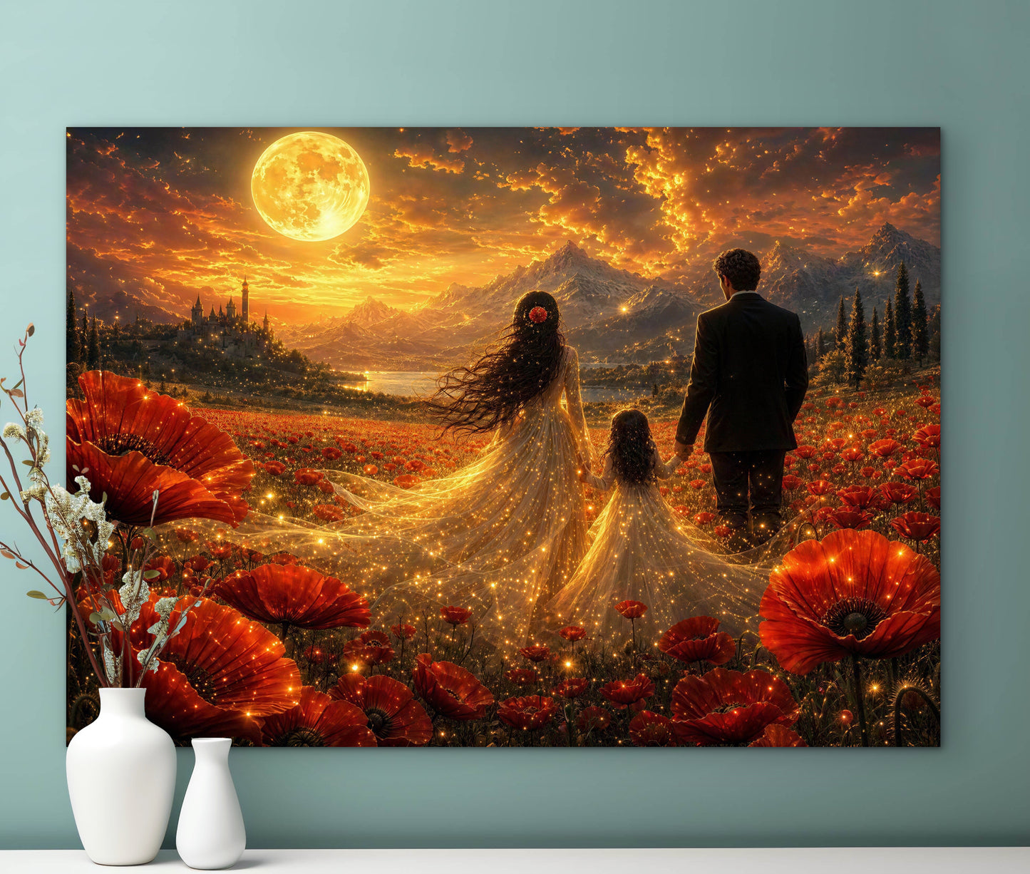 Framed Canvas Vibrant Poppies- Whimsical full moon fantasy oil painting Wedding celebration mother and daughter beautiful family portrait Original wall art print