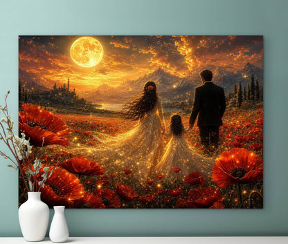 Framed Canvas Vibrant Poppies- Whimsical full moon fantasy oil painting Wedding celebration mother and daughter beautiful family portrait Original wall art print