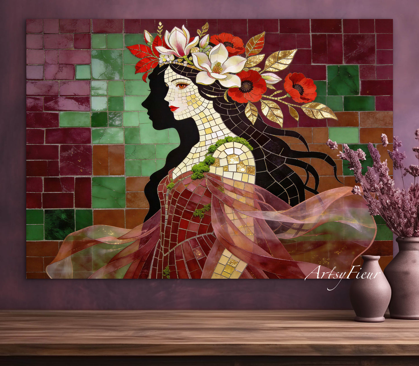 Framed Canvas- Vibrant Magnolia Flowers Beautiful Brunette Woman’s Abstract Portrait Mosaic Original Artwork Fantasy Wall Art Print Mother Nature