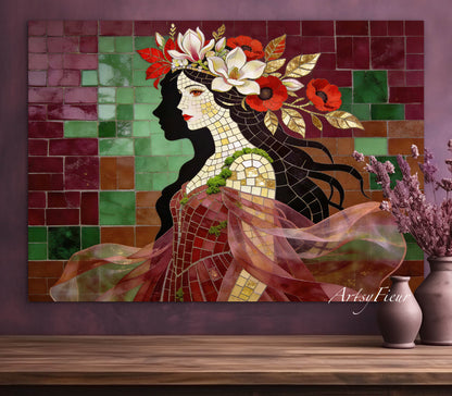 Framed Canvas- Vibrant Magnolia Flowers Beautiful Brunette Woman’s Abstract Portrait Mosaic Original Artwork Fantasy Wall Art Print Mother Nature