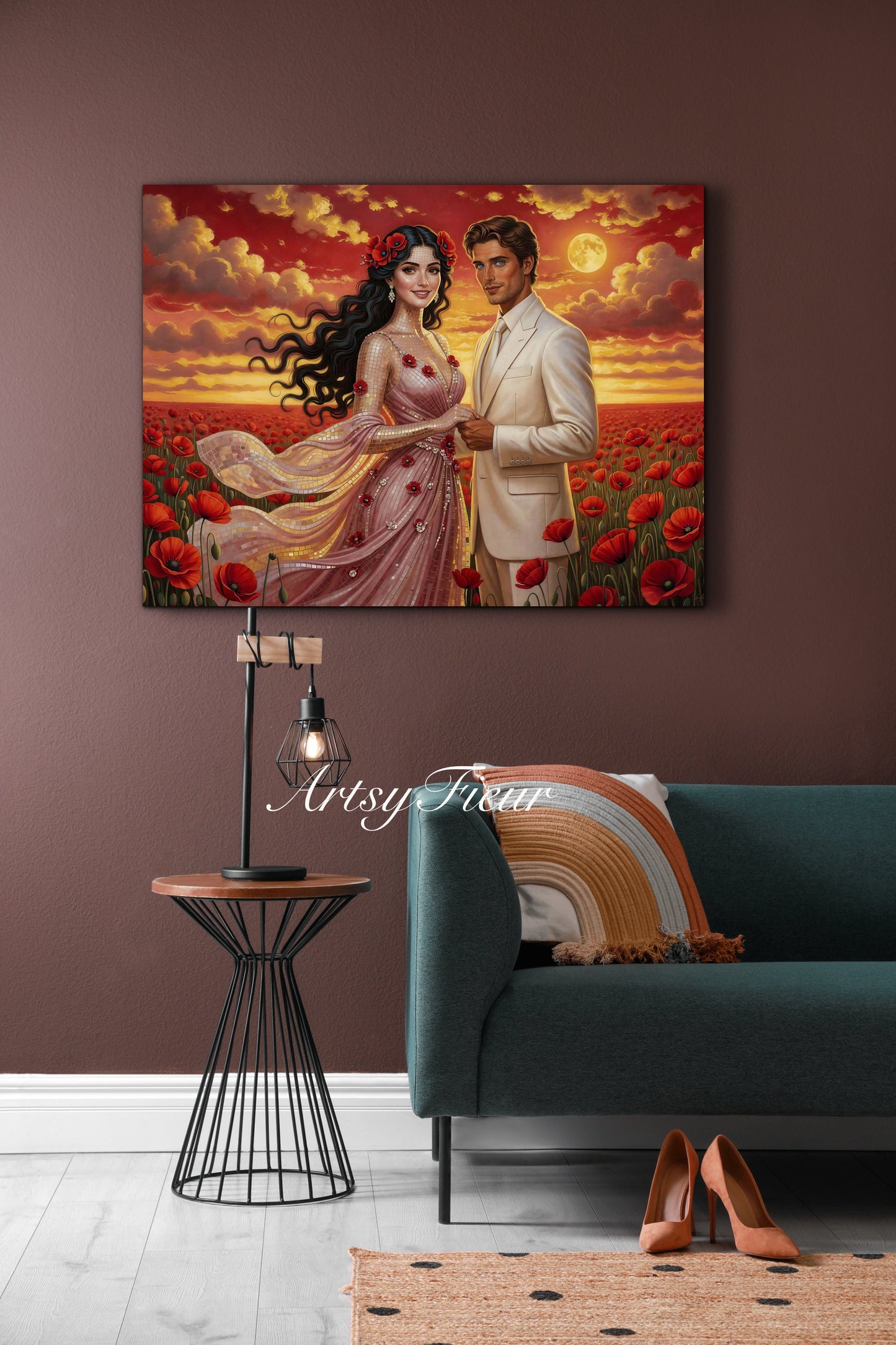 Framed canvas- whimsical full moon sunset bride and groom, wedding, poppy field, vibrant colours living room original artwork, fantasy oil painting wall art print
