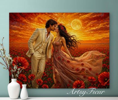 Framed canvas- whimsical full moon sunset bride and groom, wedding, poppy field, vibrant colours living room original artwork, fantasy oil painting wall art print