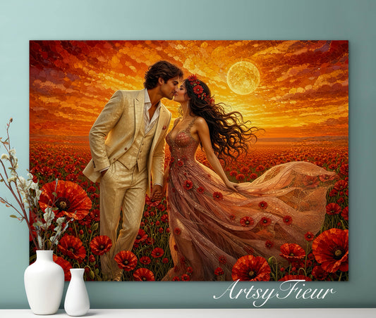 Framed canvas- whimsical full moon sunset bride and groom, wedding, poppy field, vibrant colours living room original artwork, fantasy oil painting wall art print