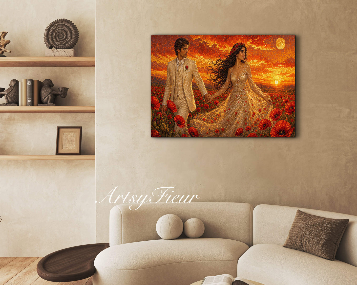 Framed canvas- whimsical full moon sunset -bride and groom, wedding, fantasy oil painting wall art print