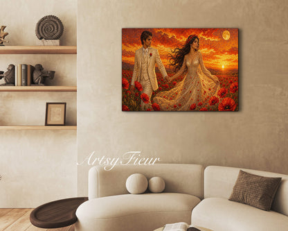 Framed canvas- whimsical full moon sunset -bride and groom, wedding, fantasy oil painting wall art print