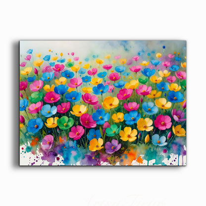 Framed canvas- ready to hang wall art print, beautiful vibrant colours watercolour fantasy painting wildflowers ,floral landscape, unique gift, one of a kind original artwork