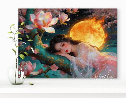 Framed Canvas- Vibrant Magnolia Flowers Beautiful Brunette Asian Woman’s Abstract Portrait Original Artwork Fantasy Wall Art Print