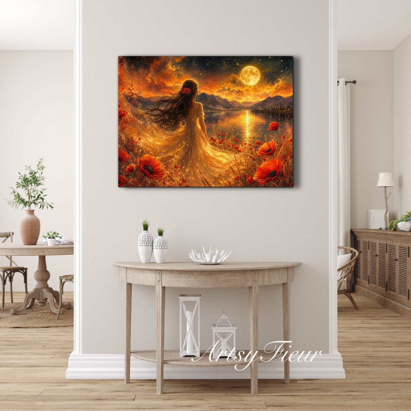 Framed Canvas - Vibrant poppies and wildflowers Whimsical Full Moon starry night sky Bride -Lady by the lake Wall Art Ready to hang original Artwork Print