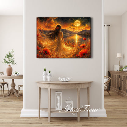 Framed Canvas - Vibrant poppies and wildflowers Whimsical Full Moon starry night sky Bride -Lady by the lake Wall Art Ready to hang original Artwork Print